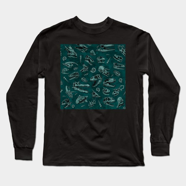 Dinosaur skull sketch tiled pattern green Long Sleeve T-Shirt by CassWArt